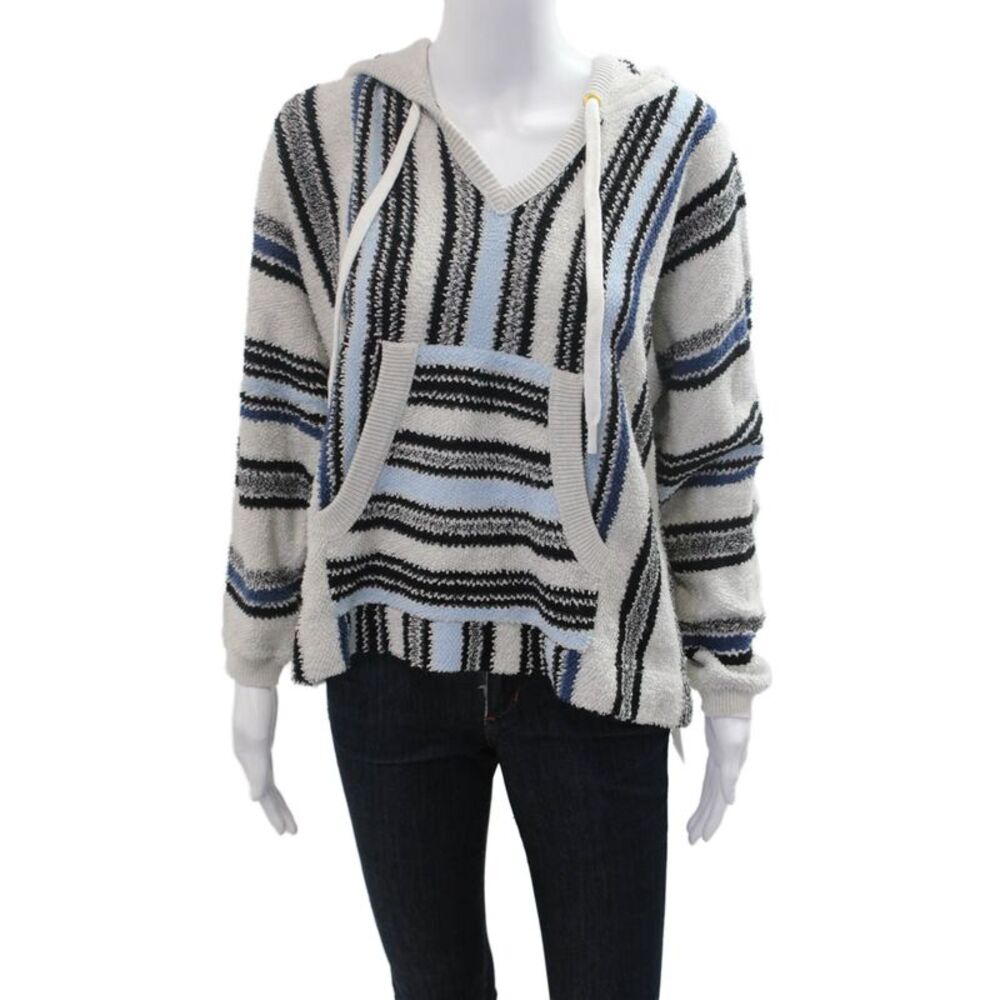 LT Women Hoodie Striped V Neck Drawstring Cotton Beige Long Sleeve Size S
